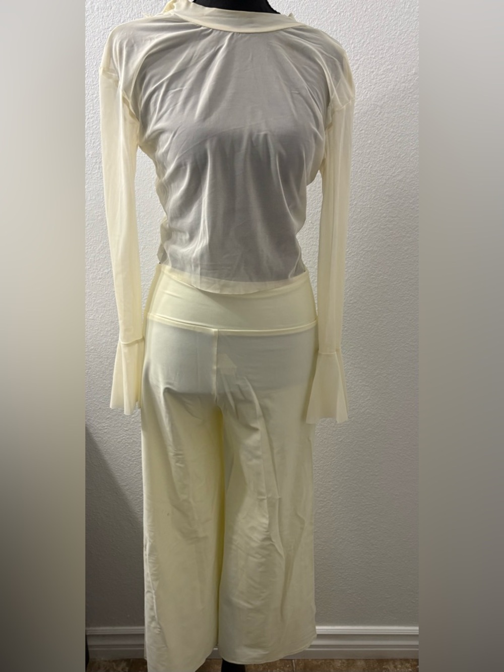 Cream Long-Sleeve Mesh Top & Wide-Leg Pants Set